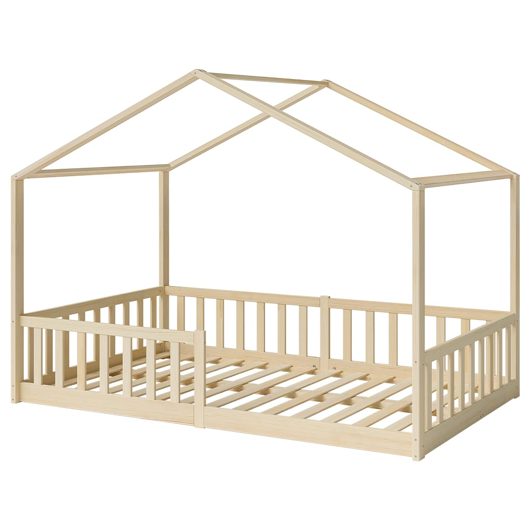 Bellabino Bia Children’s Bed, 90 x 200 cm, Children’s House Bed incl. Fall Protection and Rolled Slatted Frame, Montessori Floor Bed, White, Solid Pine Wood