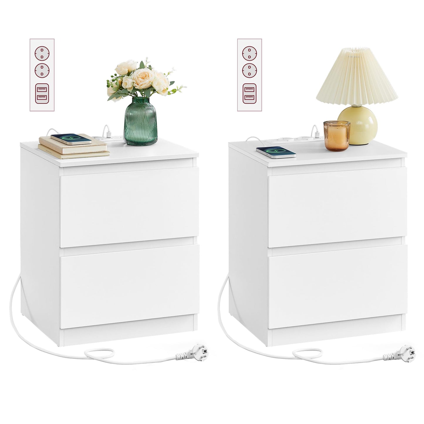 VASAGLE Kailyn Collection - Bedside Table with Power Strip, Set of 2, Side Table 2 Drawers, 2 AC Sockets, 2 USB-A Ports, for Bedroom, Cloud White LET821W02