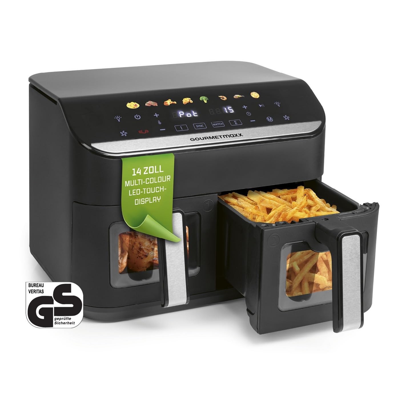 GOURMETmaxx Digitale Heißluftfritteuse 12 L, XXL-Edelstahl-Ofen | Airfryer + Timer, Touchdisplay, Drehspieß | fettarm, energiesparend frittieren | 10 Programme inkl. Pizza | 1800 W