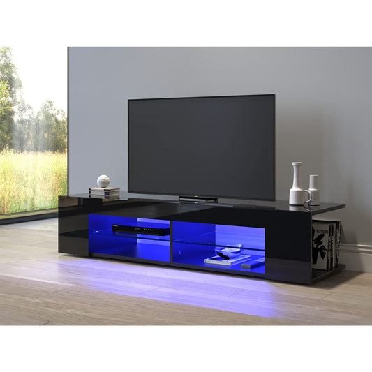 SONNI TV Board White, Handle-less Design, TV Cabinet High Gloss, TV Stand with LED Lighting, 12 Colours Can Be Adjusted, TV Shelf, Lowboard for TVs up to 65 Inches, 130 x 35 x 45 cm