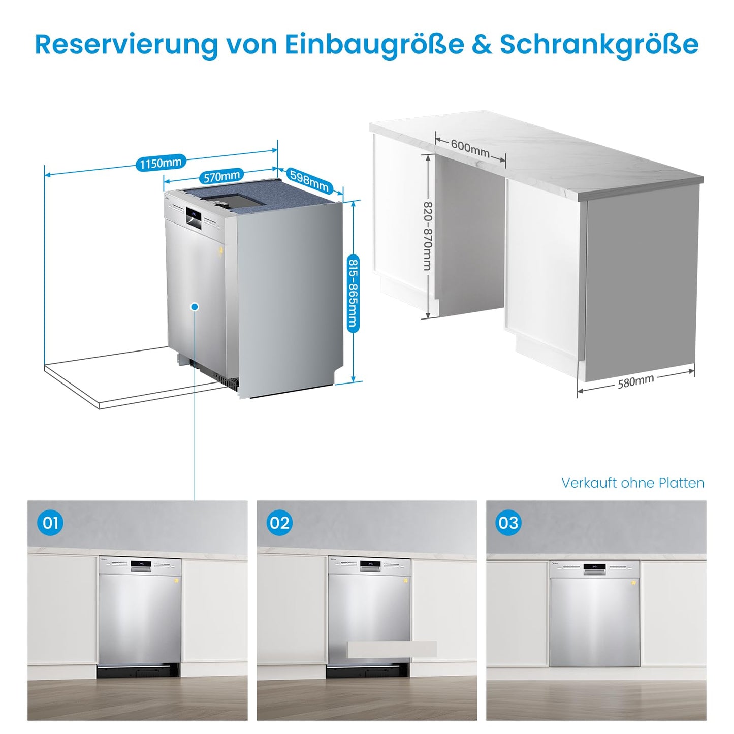 Midea SU 5.35X14CS Dishwasher Base, 14 MGD, Dishwasher 60 cm, Home Connect, Hygiene Care+, Machine Care +, Extra Drying, Half Load, 44 db, Start Delay, Stainless Steel