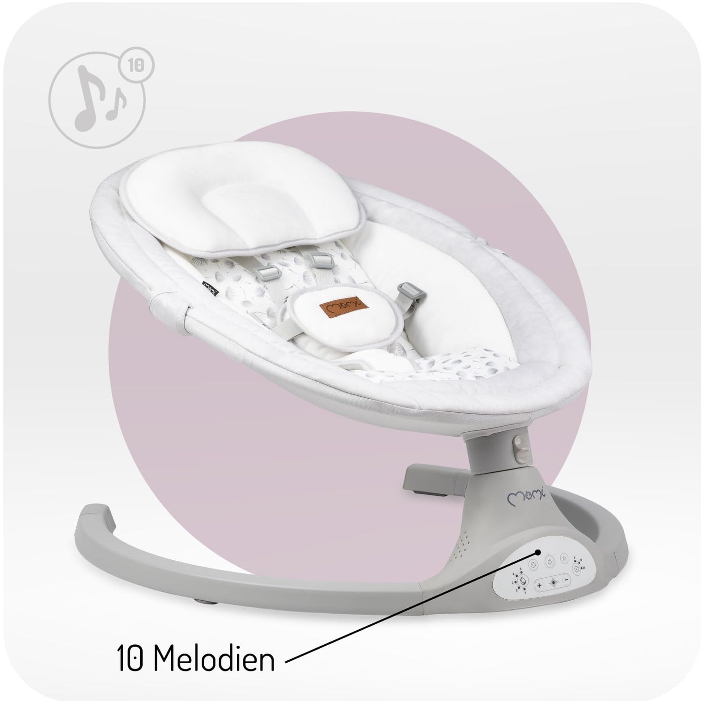 MoMi LAMI Babywippe für Kinder bis 9 kg, klappbar, mit Fernbedienung & Bluetooth zum Verbinden mit Smartphone, Batterie- oder Stromanschluss, mit 5-Punkt-Sicherheitsgurt, Sonnenschutz, Insektennetz