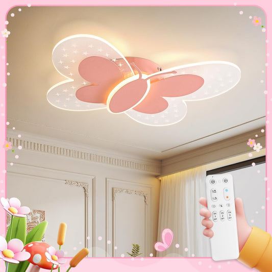 LED Children's Ceiling Light, Pink Butterfly Creative Ceiling Light, Dimmable with Remote Control, Night Light Function, Children's Room, Bedroom, Living Room, Bedroom, Cartoon Ceiling Light, 35 cm