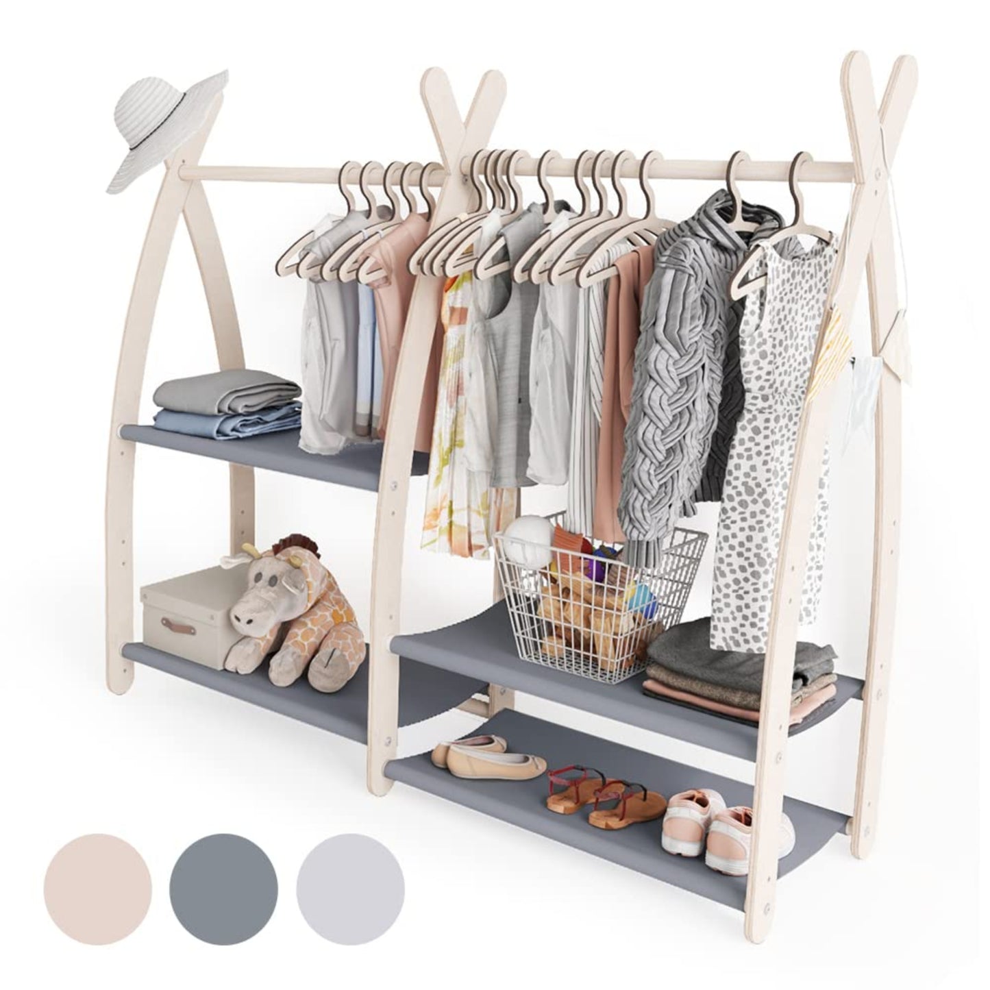 MAMOI® Children's Coat Stand 95 x 106 x 32 cm / 53 x 95 x 32 cm | Children's Wardrobe | Clothes Rail for Children | Wooden Rail | Wardrobe Wood for Children's Room | 100% Eco | Made in EU