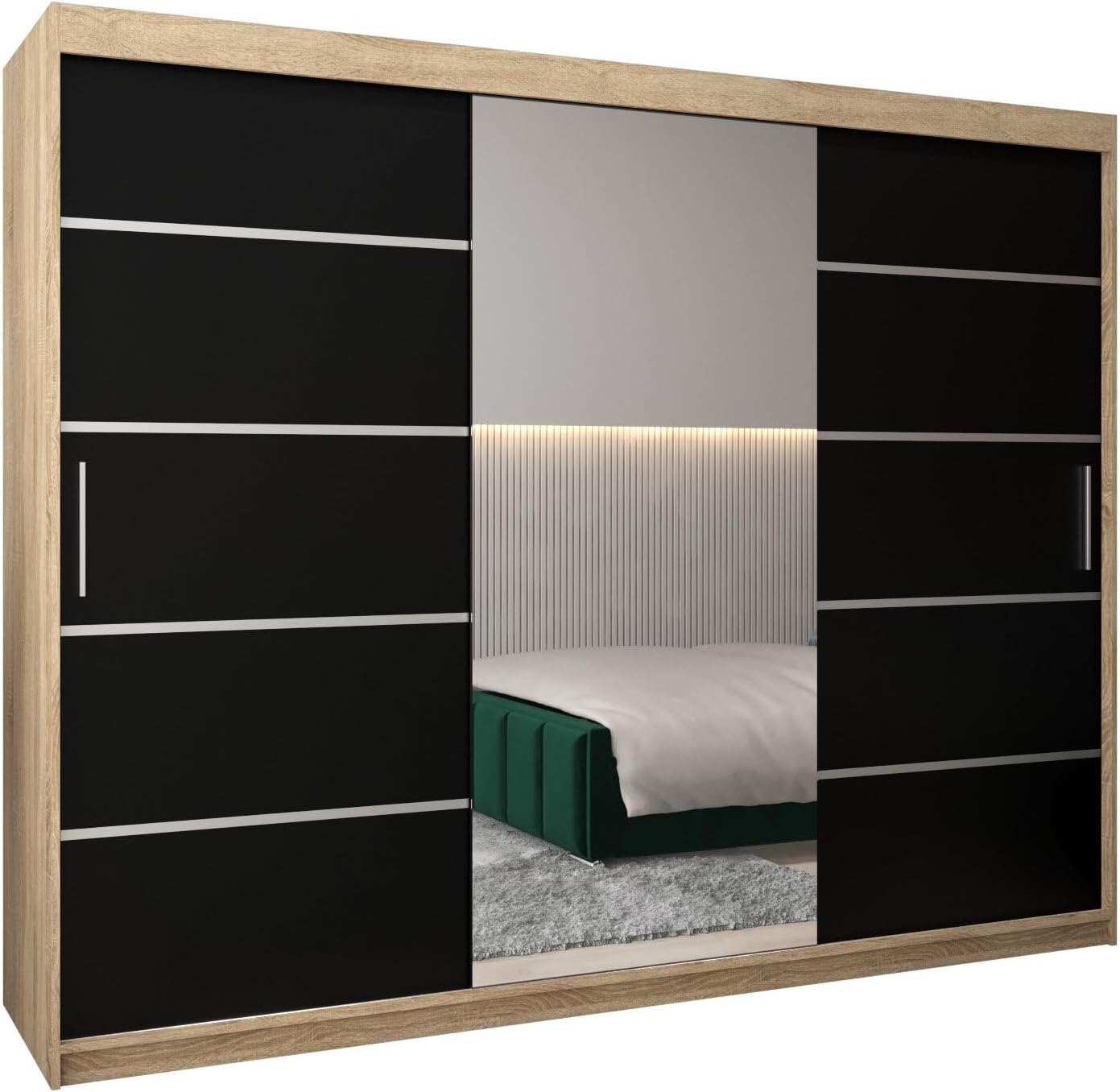 MEBLE KRYSPOL Verona 2, 250 cm Bedroom Wardrobe with Three Sliding Doors, Mirror, Clothes Rail and Shelves, 250 x 200 x 62 cm, Matt Black