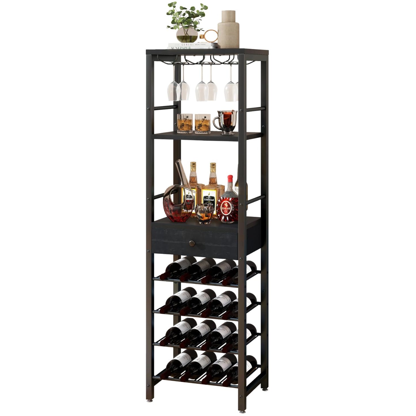 IBUYKE TMJ905H Wine Rack, 4-Layer Freestanding Wine Rack with Glass Holder and Drawer, 16 Bottle Rack, Countertop Wine Rack with Table Top Shelf, for Kitchen, Bar, Dining Room, Vintage Brown