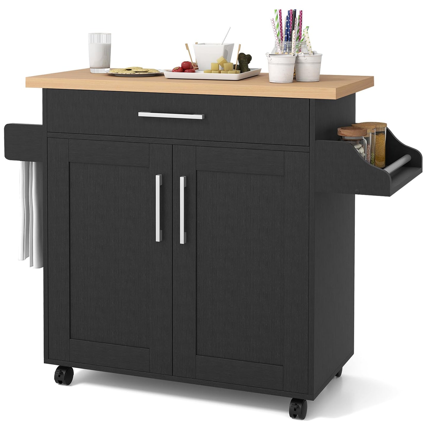 COSTWAY Kitchen trolley with towel holder and spice board, kitchen island with drawer and height-adjustable shelf, kitchen cabinet rollable, wooden serving trolley, kitchen island trolley (black)