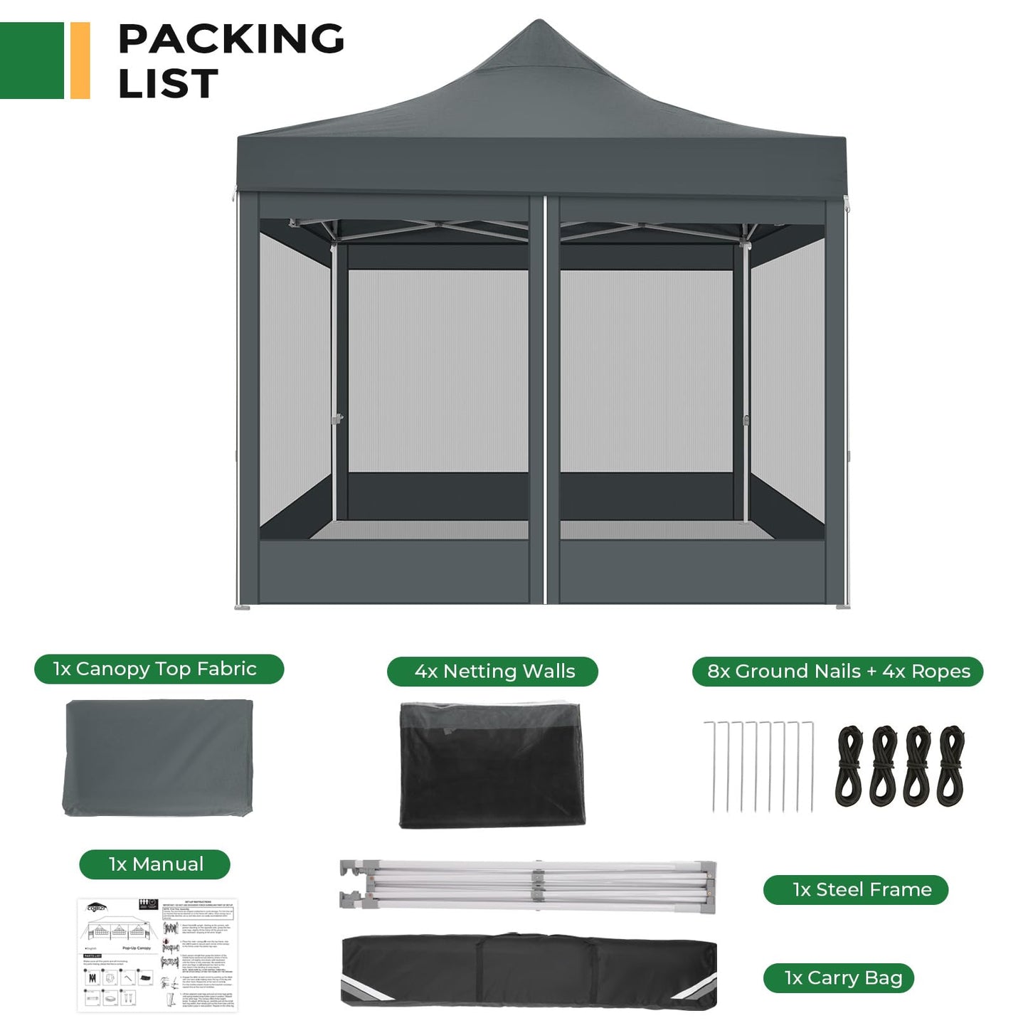 COBIZI Folding Gazebo 3 x 3 m Gazebo 3 x 3 m Waterproof Stable Party Tent Foldable with 4 Side Walls Mosquito Net Pop Up Garden Gazebo Anti-UV for Garden, Grey