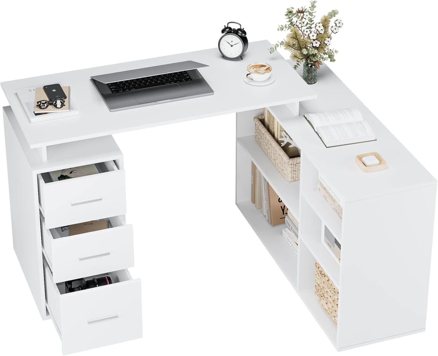 FirFurd 129 x 104 cm Corner Desk, L-shaped Desk, Kids Computer Desk for Adults with 3 Drawers and 5 Shelves for Home Office, 129 x 104 x 76 cm, White