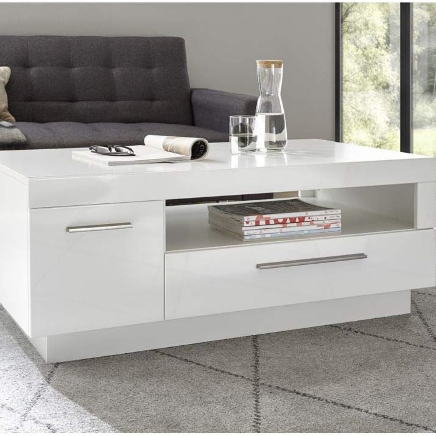 Lomadox Coffee Table High-Gloss White 1 Door 1 Drawer Storage Compartment W x H x D 110 x 44 x 65 cm