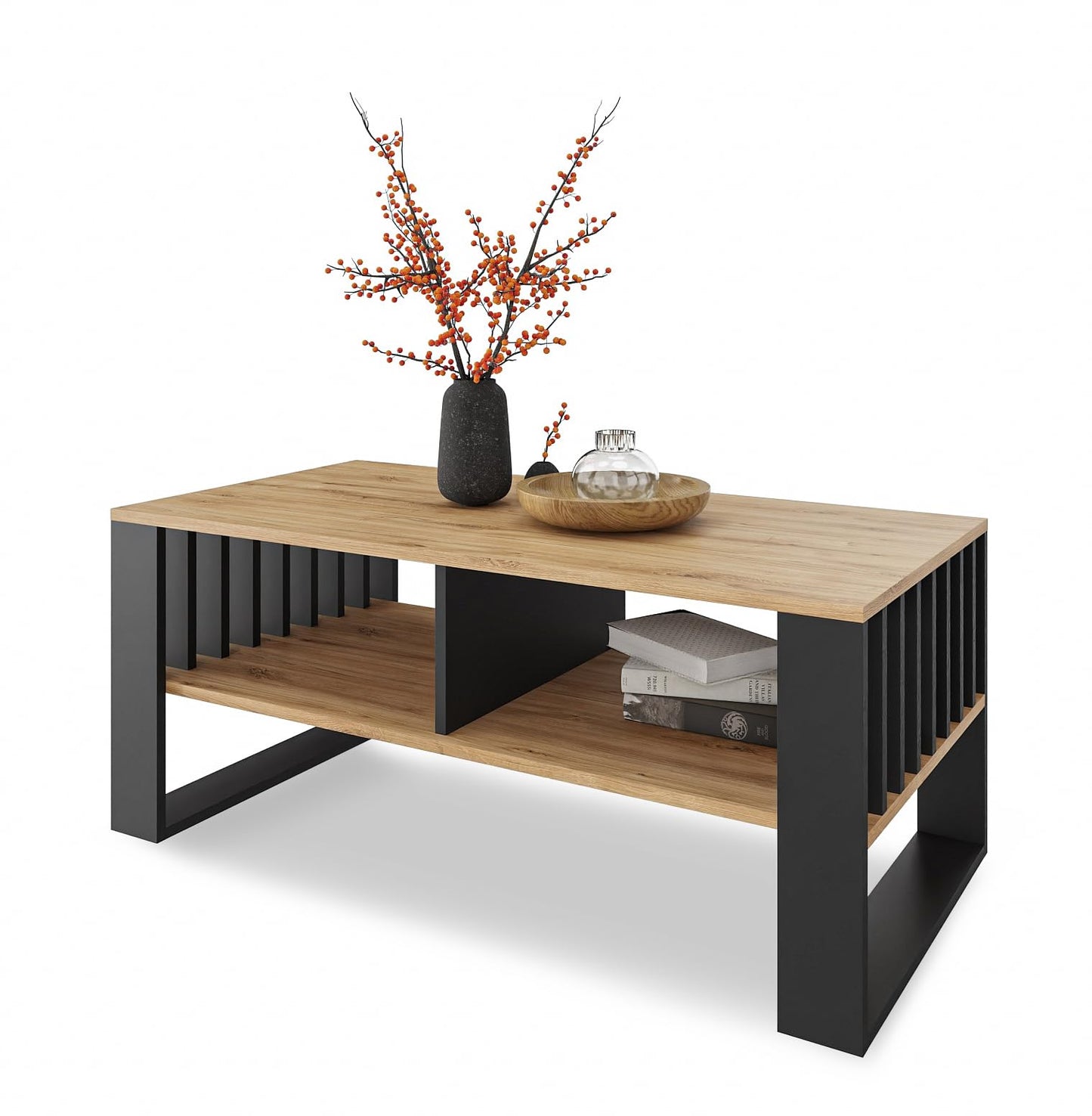 Meble Pitus Coffee Table White - Modern Living Room Table 90 x 50 x 50 cm with Storage Space & Slat Design