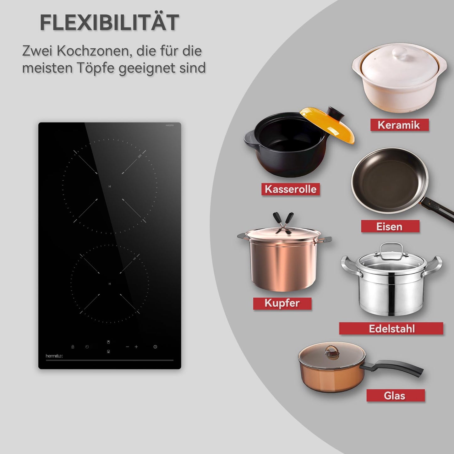 Hermitlux kochfeld 28,8cm, Glaskeramik Kochfeld 2 Platten, 9 Leistungsstufen, Touch-Steuerung, Timer, Kindersicherung, Geeignet für Alle Töpfe, 3300W