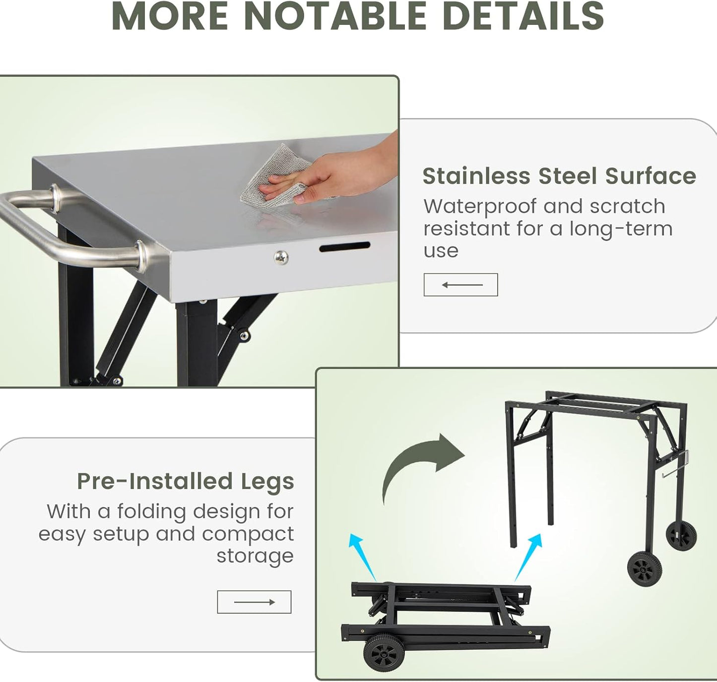 KOMFOTTEU Foldable Barbecue Trolley, Grill Table with Stainless Steel Worktop, Outdoor Trolley with 2 Wheels, Serving Trolley Grill Trolley with Adjustable Shelf, Mobile Phone Holder & Towel Holder,