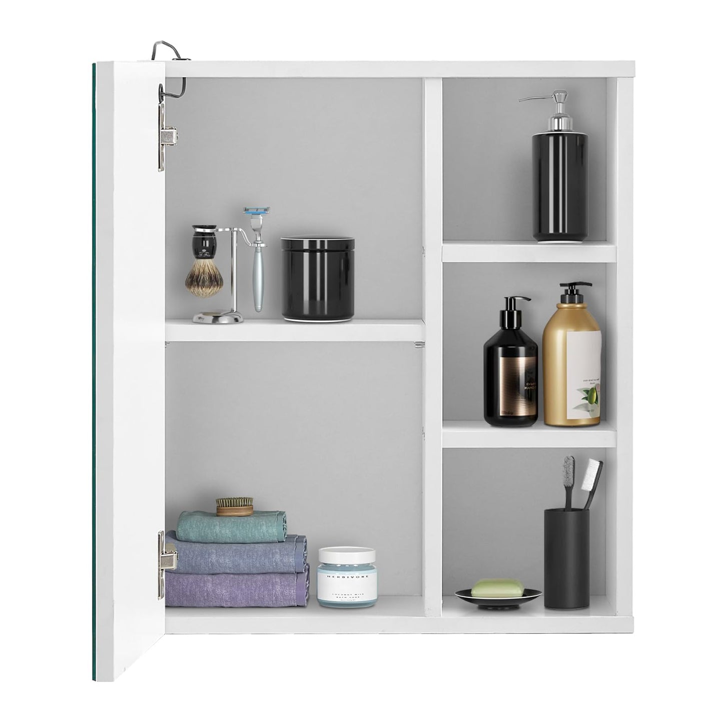 TUKAILAI Mirror Cabinet with LED Lighting, 6 Open Shelves and Adjustable Shelves, Bathroom Mirror with Touch Switch, Bathroom Mirror, Light Mirror, Wall Mirror, Bathroom Cabinet for Bathroom