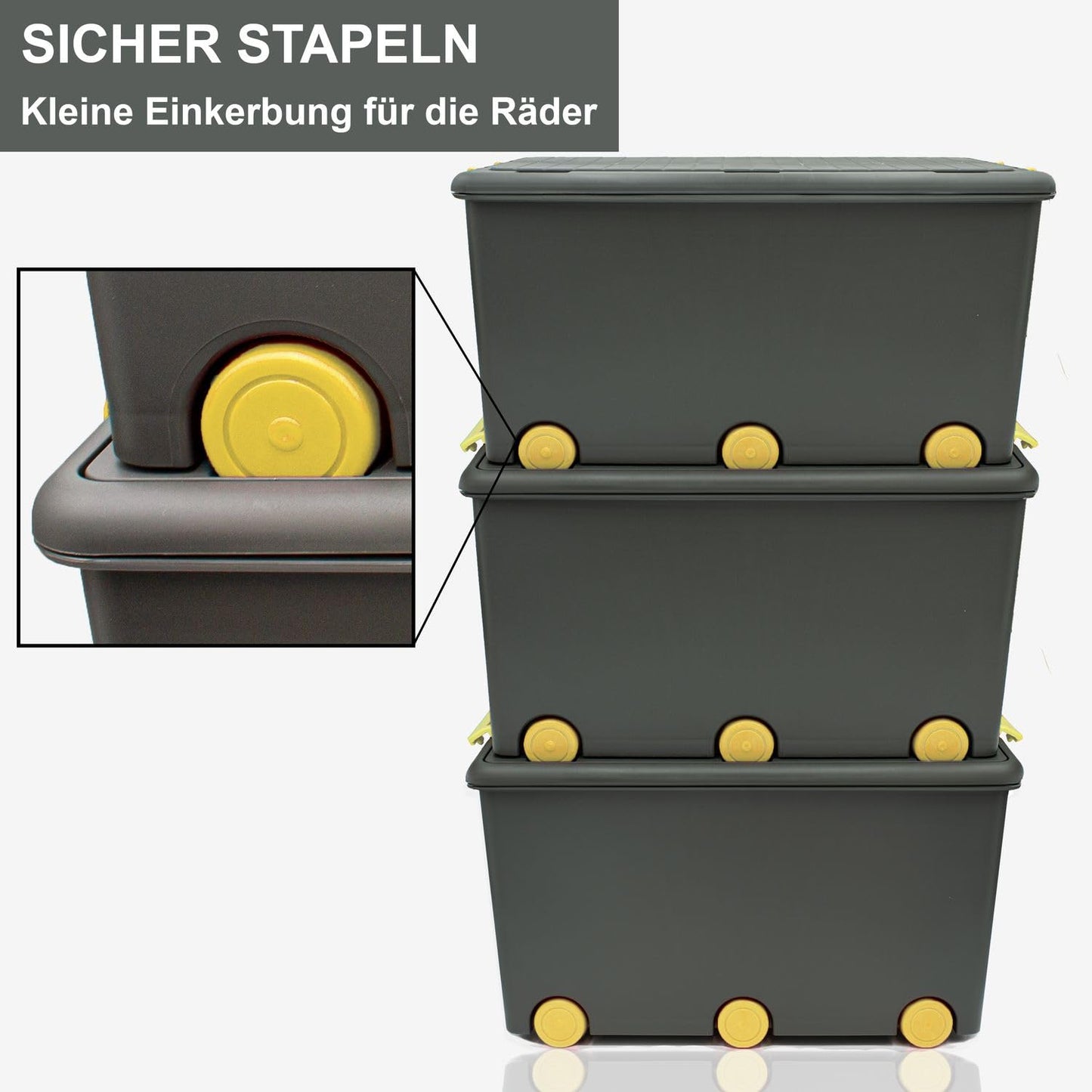 Babykajo 3 Storage Boxes with Lid and Wheels 50 L - Stacking Boxes with Lid Opaque - Plastic Box with Lid for Closing - Boxes Storage with Lid