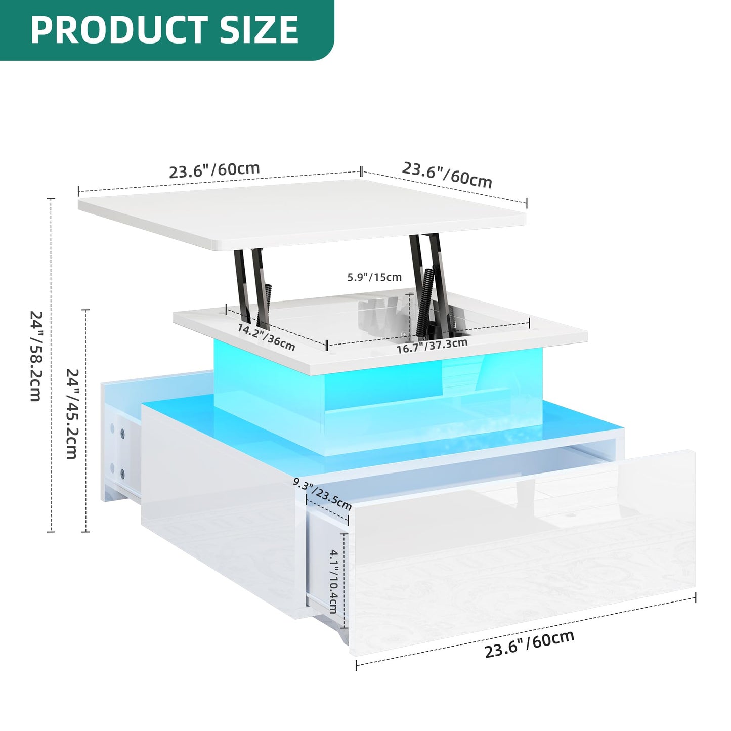 YITAHOME Coffee Table Height Adjustable with LED Lighting Modern 60 x 60 x 45 cm Living Room Table High Gloss with Open Display Shelf and 2 Drawers