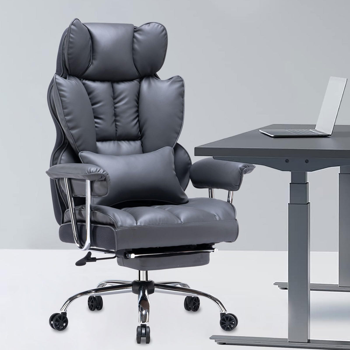 Efomao Ergonomic Office Chair, Polyurethane (PU) Leather Executive Chair, Office Chair 150 kg with Footrest and Lumbar Support, Adjustable Chair with High Backrest, Beige