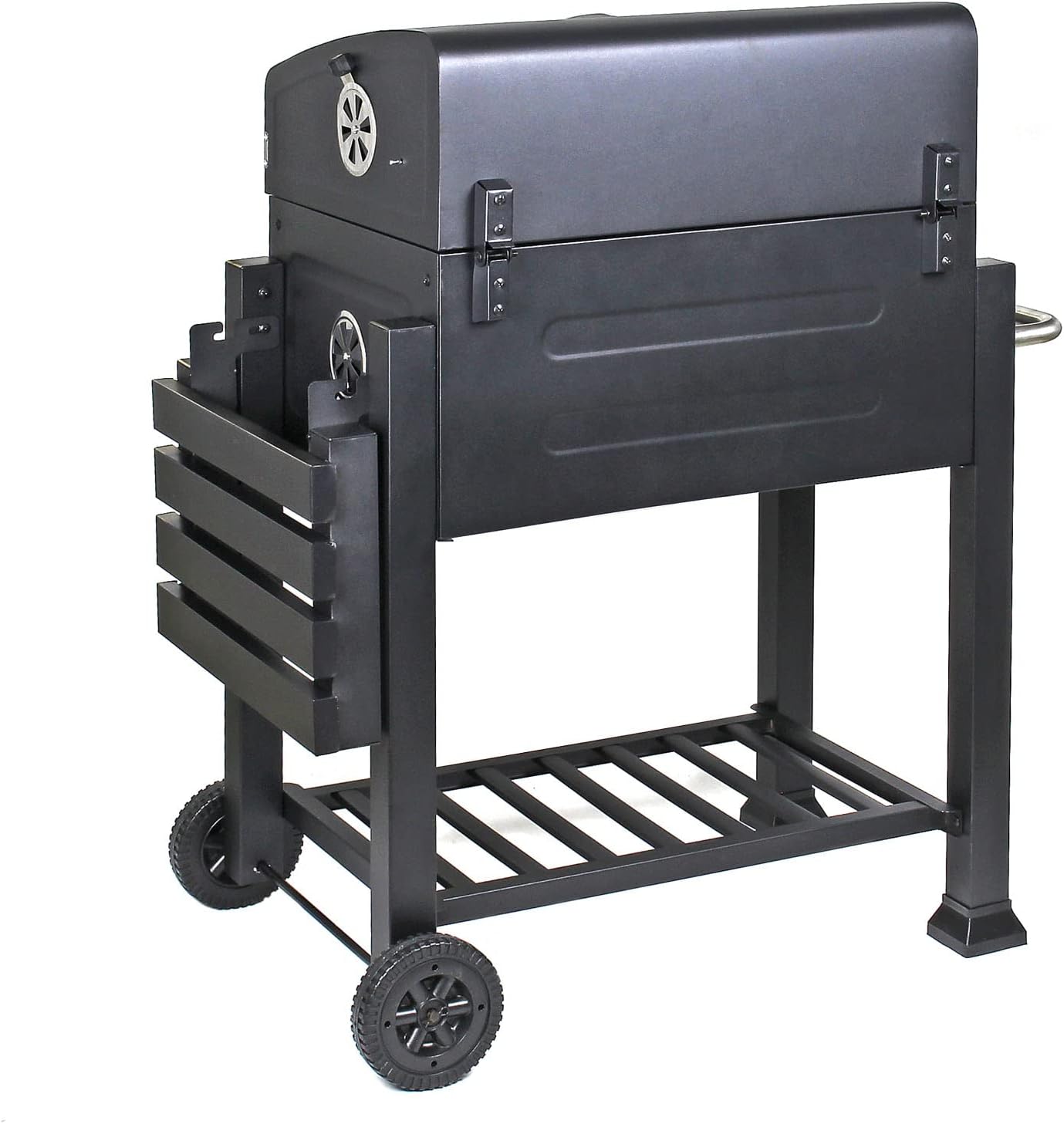 BBQ Charcoal Grill Trolley with Lid, Shelf and Fire Flap, Height Adjustment for Coal, Thermometer