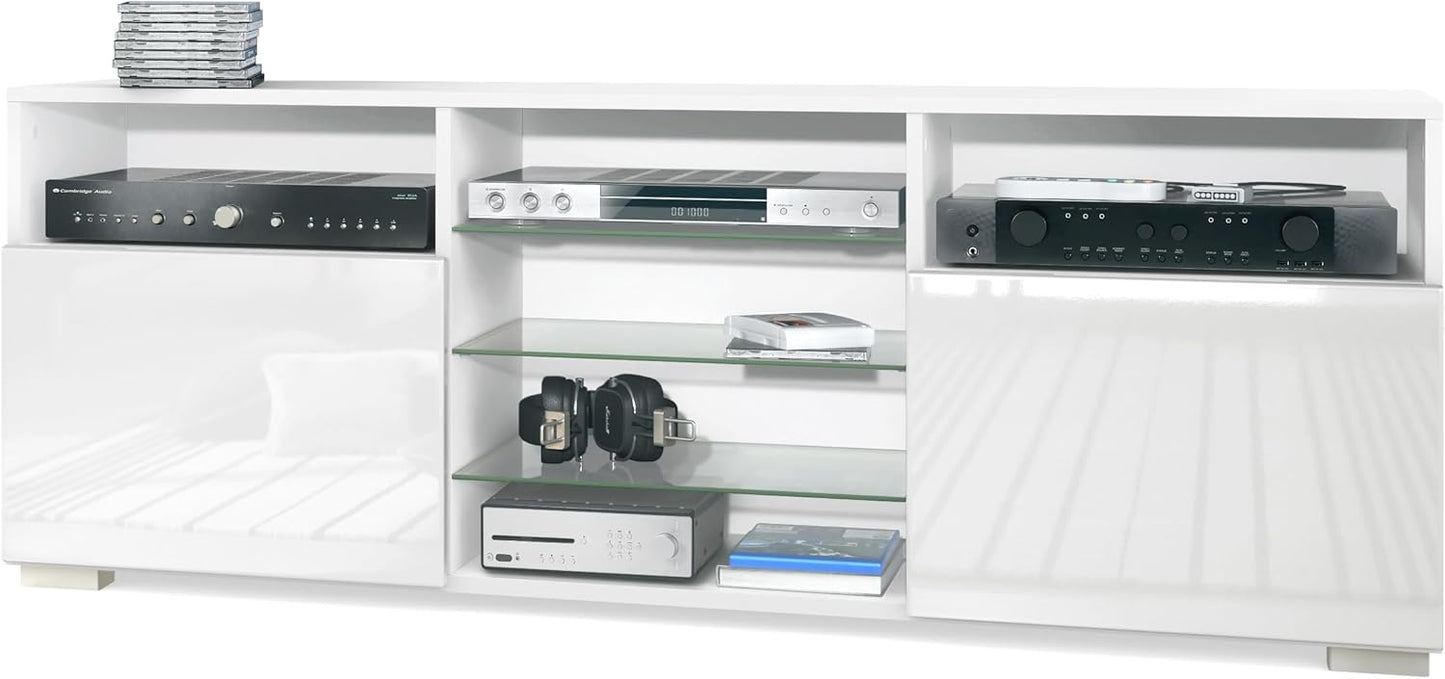 Vladon Granada TV Board Lowboard with 2 Doors and 6 Open Compartments, Matt White Body, Fronts in Sand Grey High Gloss (146 x 54 x 35 cm)