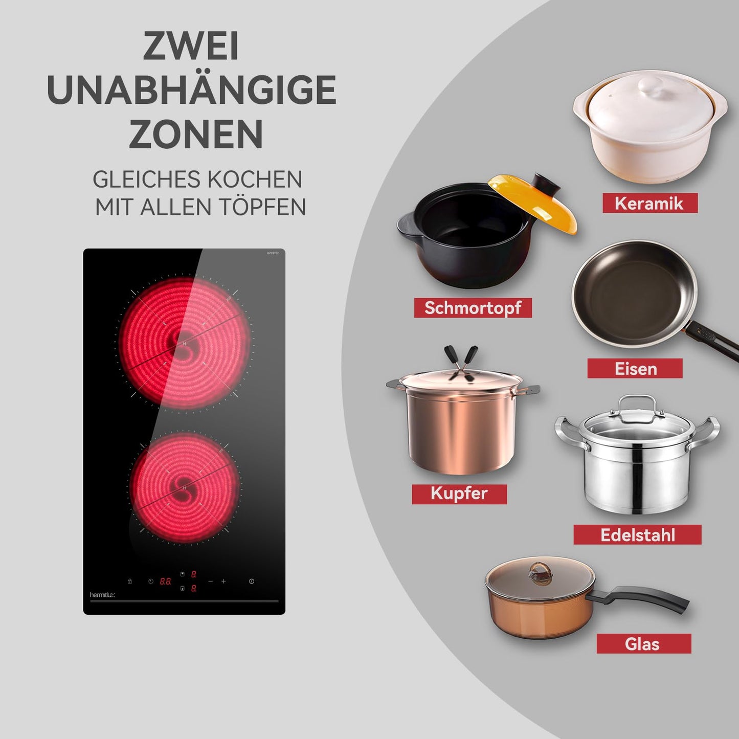 Hermitlux kochfeld 28,8cm, Glaskeramik Kochfeld 2 Platten, 9 Leistungsstufen, Touch-Steuerung, Timer, Kindersicherung, Geeignet für Alle Töpfe, 3300W