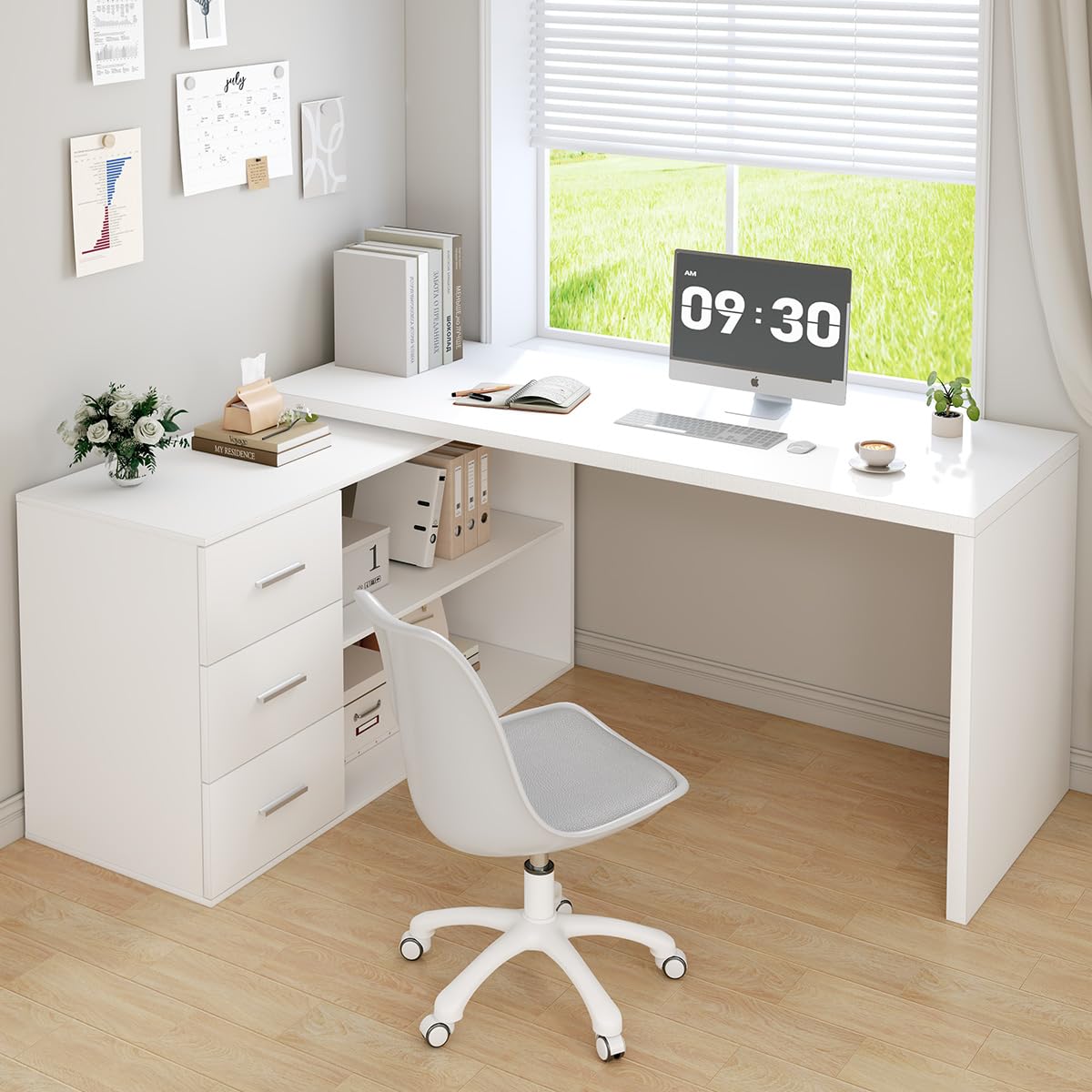 HSH Desk L Shape Modern Corner Desk Computer Desk with 3 Drawers and 2 Shelves Reversible Corner Desk with Storage Space for Home Office Table Desk White 140 cm
