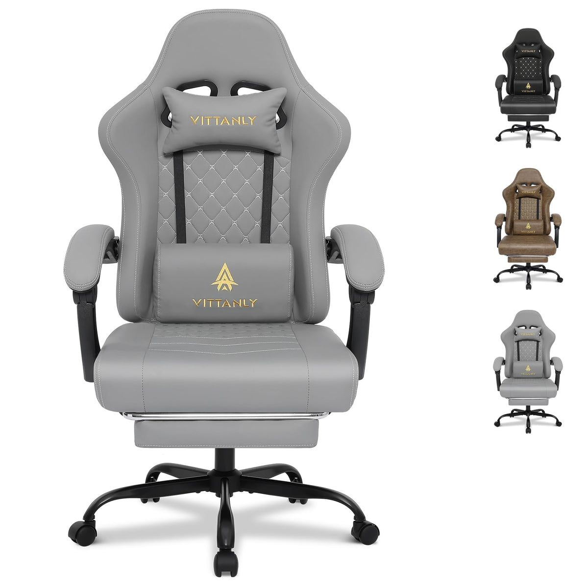 Vittanly Gaming Chair with Spring Cushion, Ergonomic Gaming Chair, Gamer Chair with Headrest, Lumbar Cushion and Footrest, Height-Adjustable Rotating Gaming Chair, Office Chair, 150 kg, Black