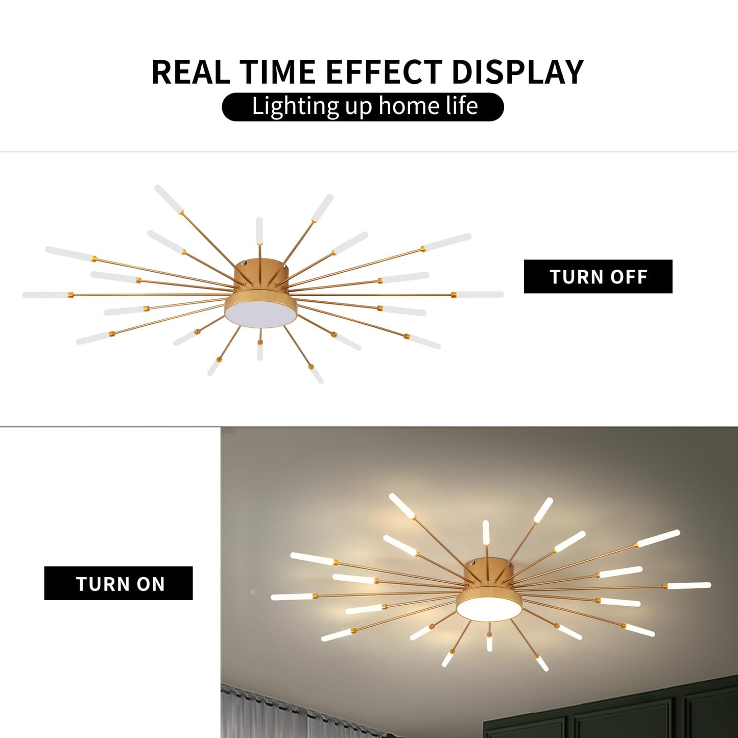 minifair Moderne LED-Deckenleuchte, 12 + 1 Köpfe, halbbündige Deckenleuchte, goldene Kronleuchter, Deckenbeleuchtung für Schlafzimmer, Wohnzimmer, Küche, Esszimmer, Restaurant