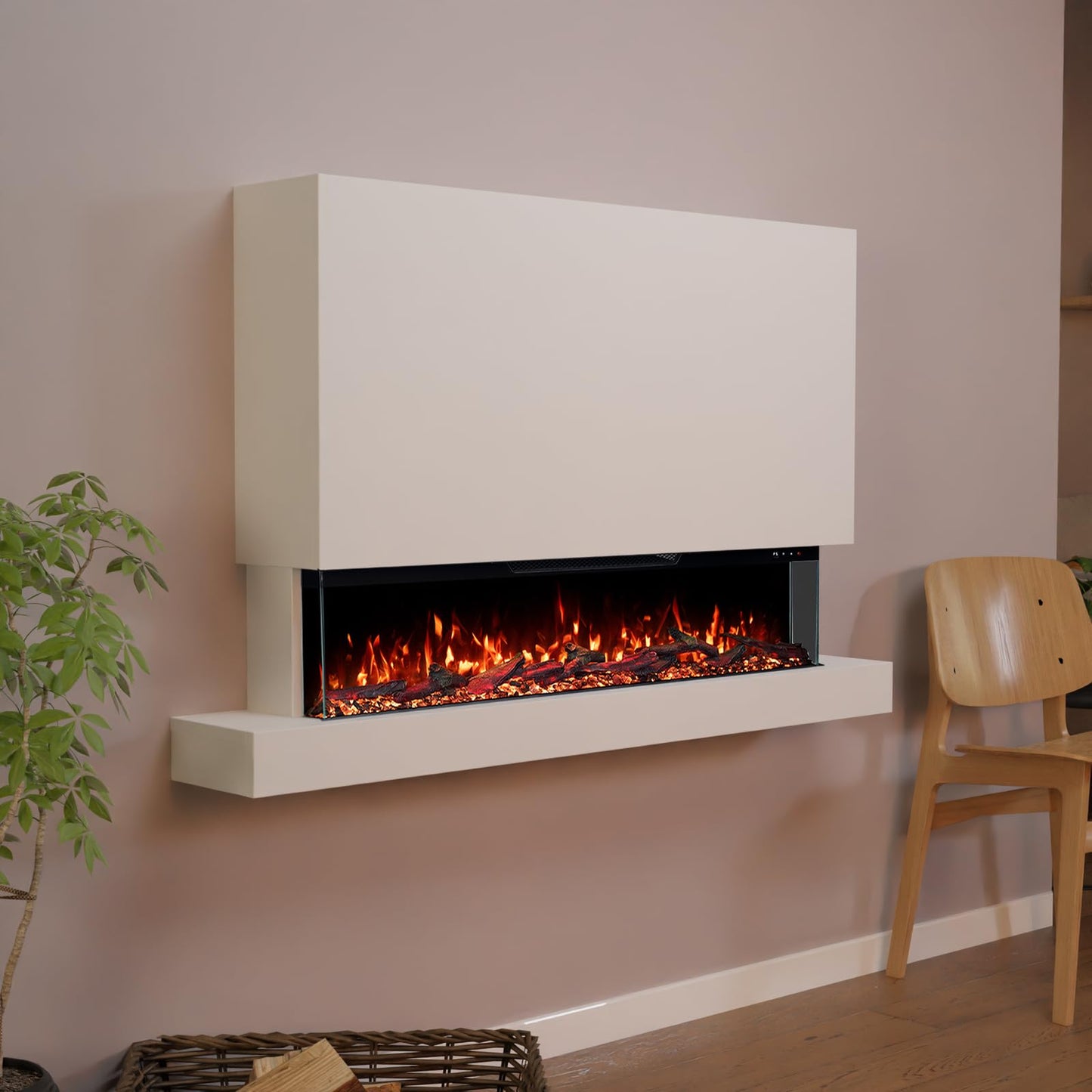 GLOW FIRE Clear Wall XL Electric Fireplace with Realistic 3D LED Fire - Standing Electric Fireplace with Heater and Fireplace, App Control, Crinkle Effect & Timer, Max. 1800 W, 137 x 85 x 21 cm, Black