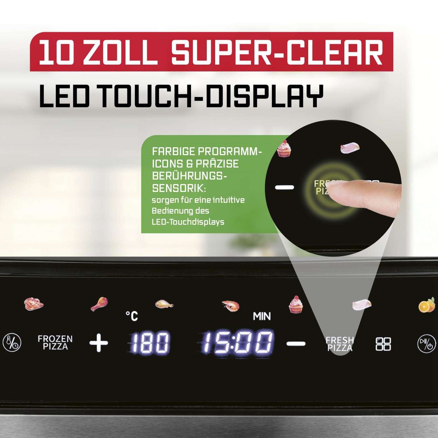 GOURMETmaxx Digitale Heißluftfritteuse 12 L, XXL-Edelstahl-Ofen | Airfryer + Timer, Touchdisplay, Drehspieß | fettarm, energiesparend frittieren | 10 Programme inkl. Pizza | 1800 W