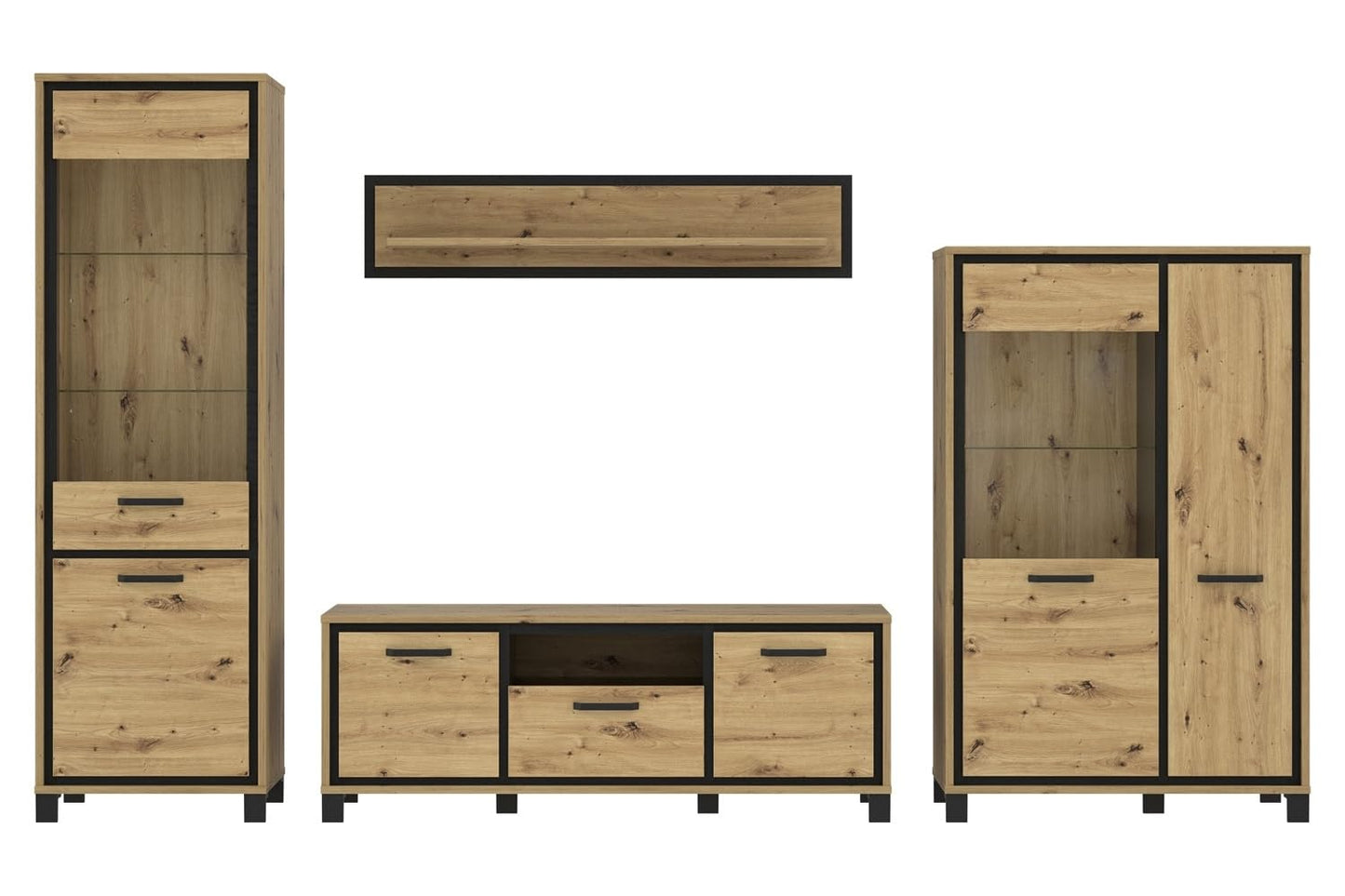 Forte Finley 330 Modern Wall Unit with TV Cabinet, Display Cabinet, Wall Panel and Chest of Drawers, Composite Wood, White with Concrete Look Accents, 328.4 cm Wide x 193.7 cm High x 41 cm Deep