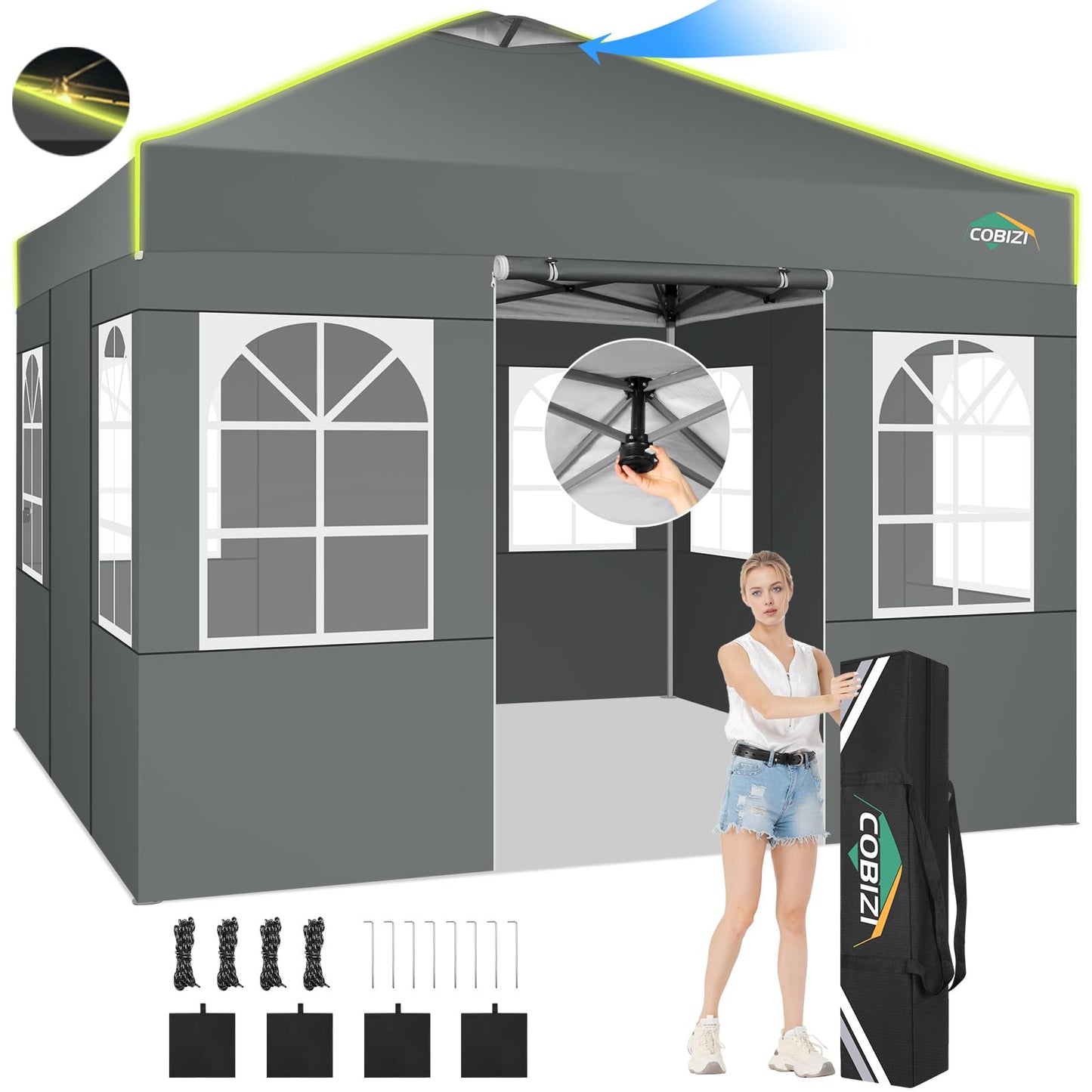 COBIZI Faltpavillon 3x6 Pavillon wasserdicht Winterfest, Ein-Tasten-Zentralverriegelung Partyzelt Faltbar Anti-UV mit 6 Seitenwänden, Gartenpavillon mit Leuchtstreifen für Hochzeiten, Freien, Garten