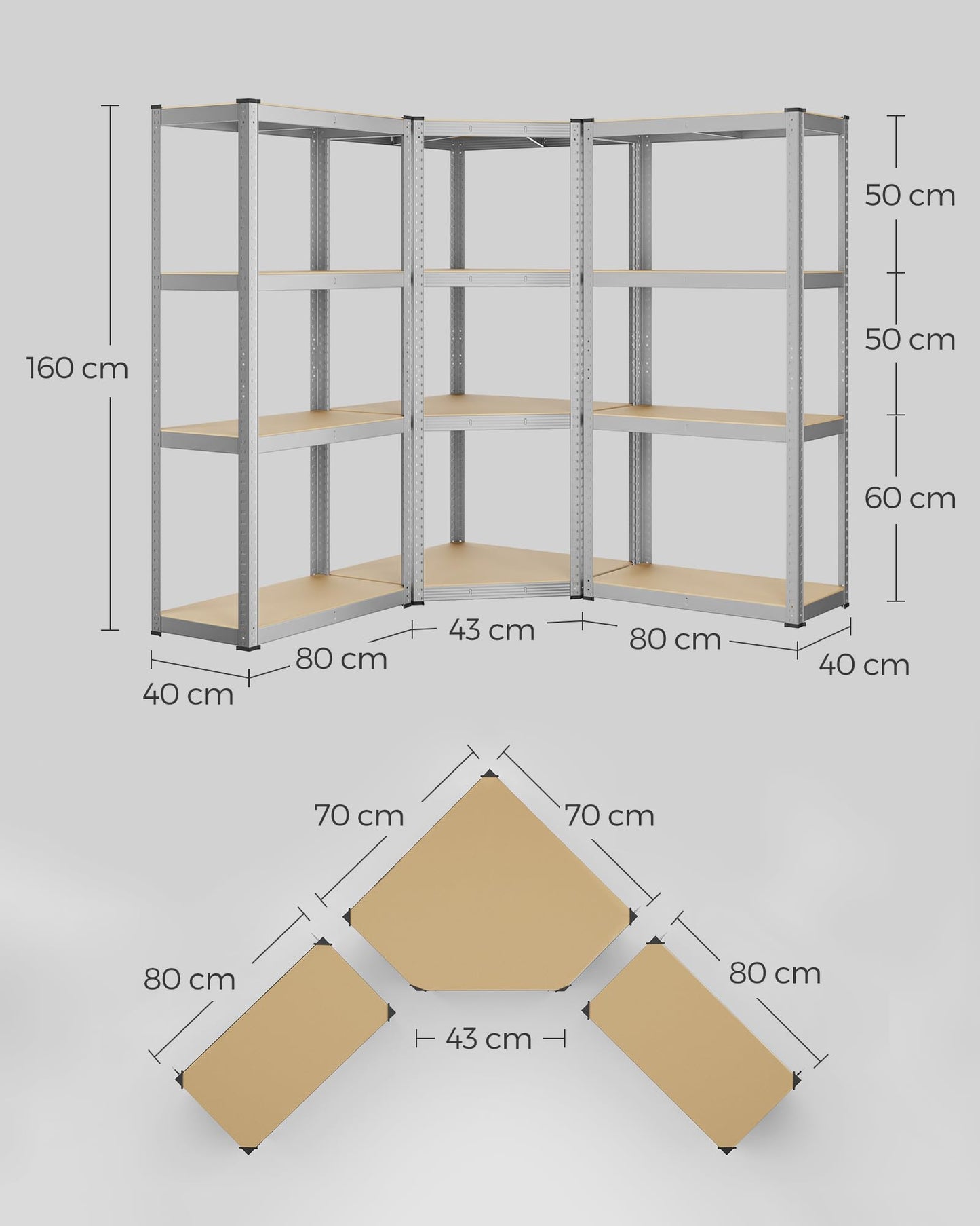 SONGMICS Corner Shelving Set, 5 Levels, Heavy Duty Shelf, Metal, Storage Shelving for Garage, Storage Room, Basement Shelf, Holds up to 2625 kg, Silver/Natural Beige, GLR070E03