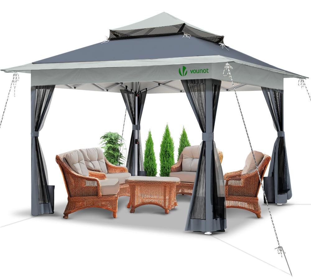 VOUNOT Pavillon Faltbar 3,6x3,6m, Pop Up Partyzelt mit Mesh Sides & Doppeldach, Faltpavillon Stabil mit Bein Gewichte & Roller Bag, Gartenpavillon Gartenzelt Grau