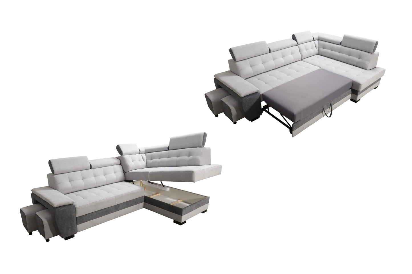 Robin Grand Ecksofa mit Schlaffunktion Bettkasten Kopfstützen Relaxfunktion Silber