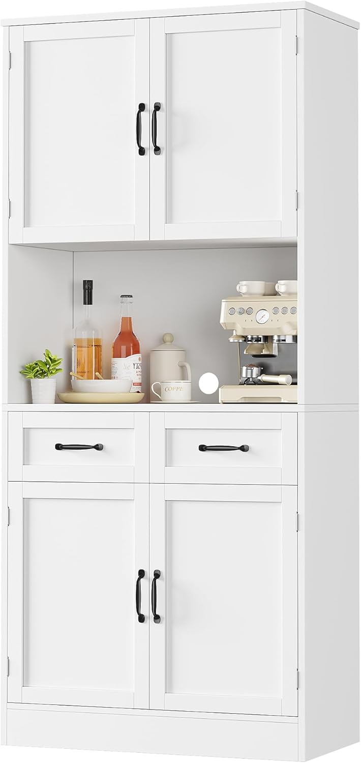 HOCSOK Kitchen Cabinet, 180 cm Buffet Cabinet with Worktop, Storage Cabinet Kitchen with 4 Doors and 2 Drawers, Tall Cabinet Multi-Purpose Cabinet with Adjustable Shelf, White