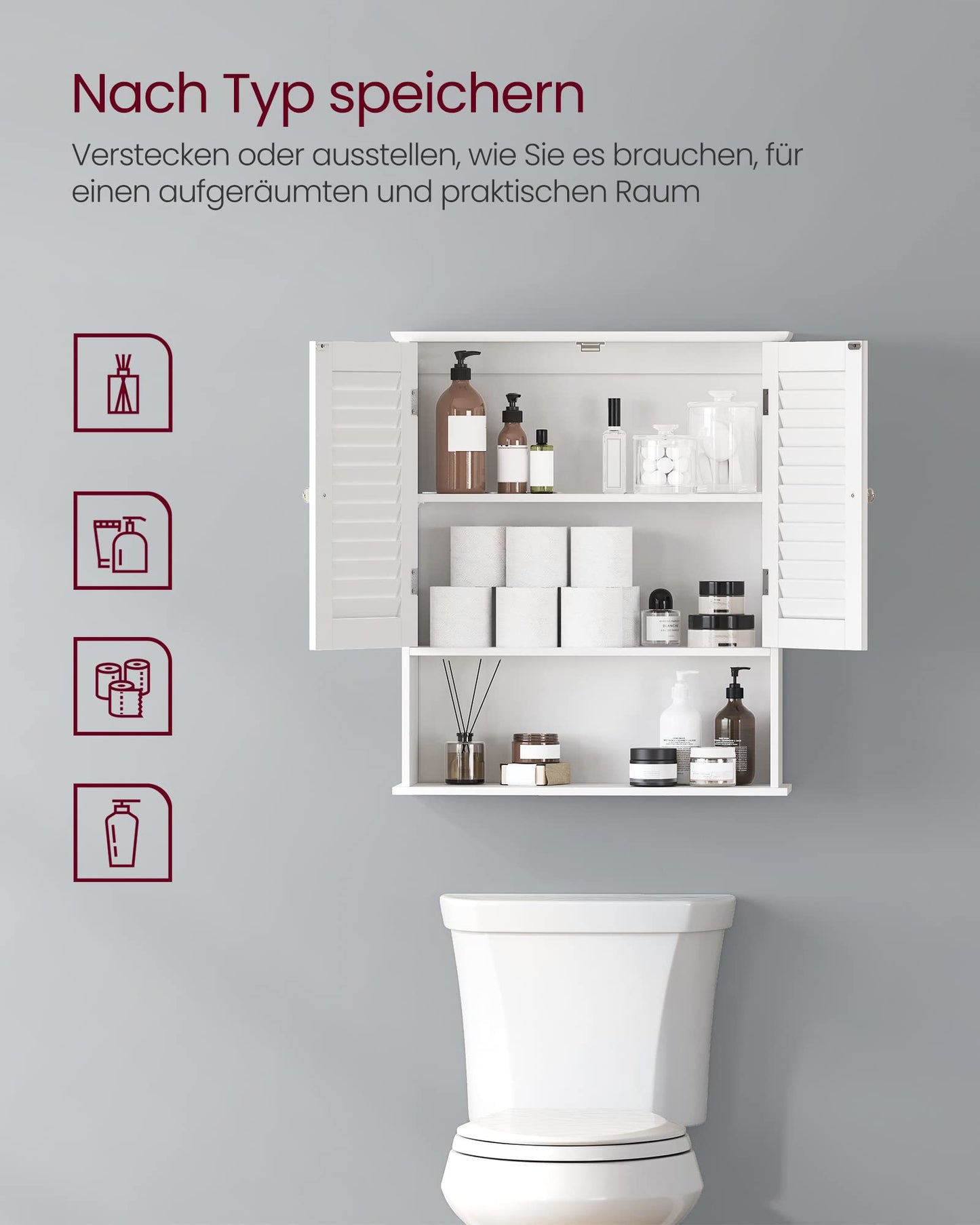 VASAGLE Wall Mounted Bathroom Cabinet, Medicine Cabinet with Height-Adjustable Shelf, Double Door, Open Compartment, 60 x 20 x 70 Cm, Wood, White, BBC27WT