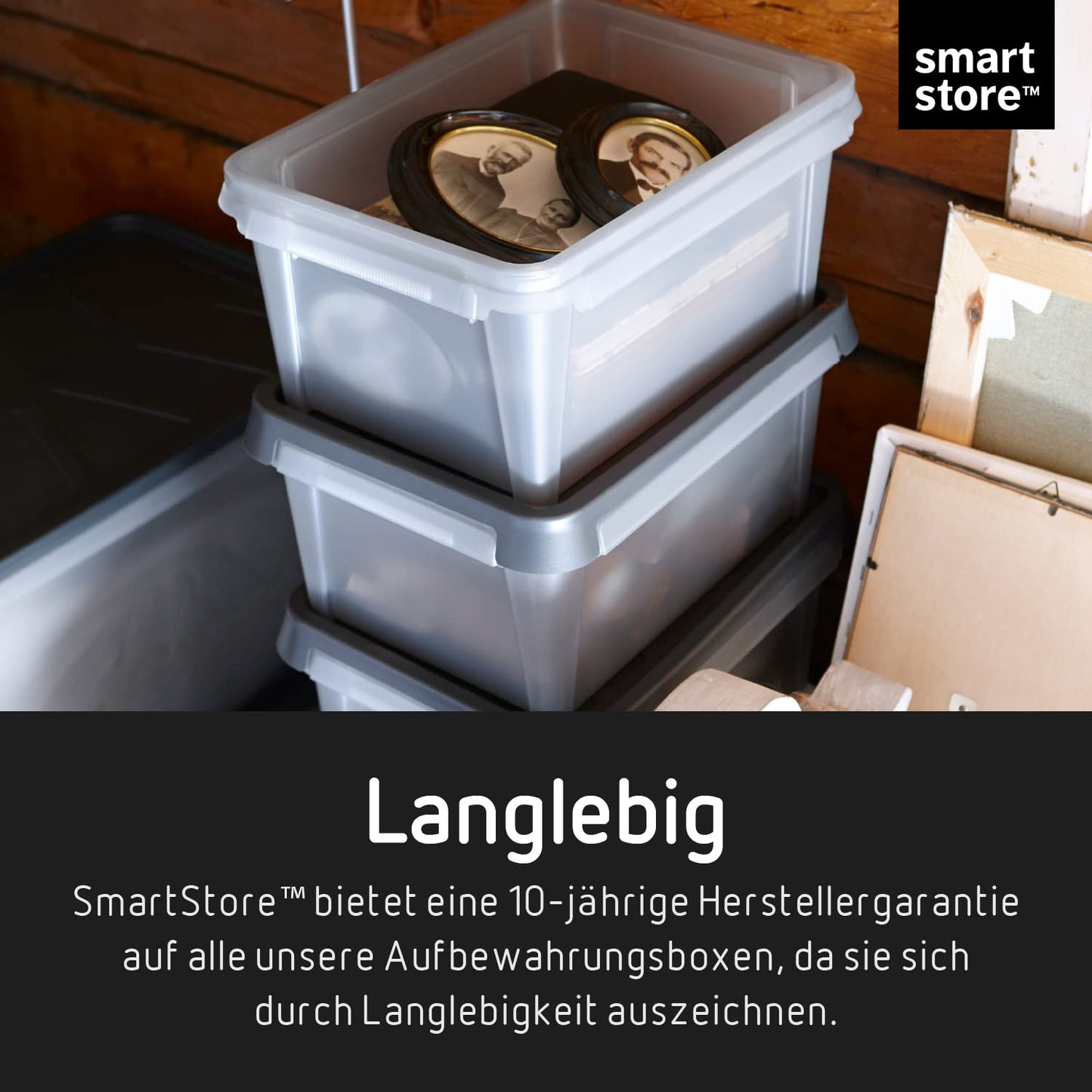 SmartStore Storage Box with Lid 55 L Waterproof Plastic - Set of 4 - Frosted - Nesting & Stackable on Top of Each Other - Food Safe & BPA Free - IP44 - L60 x W40 x H35 cm