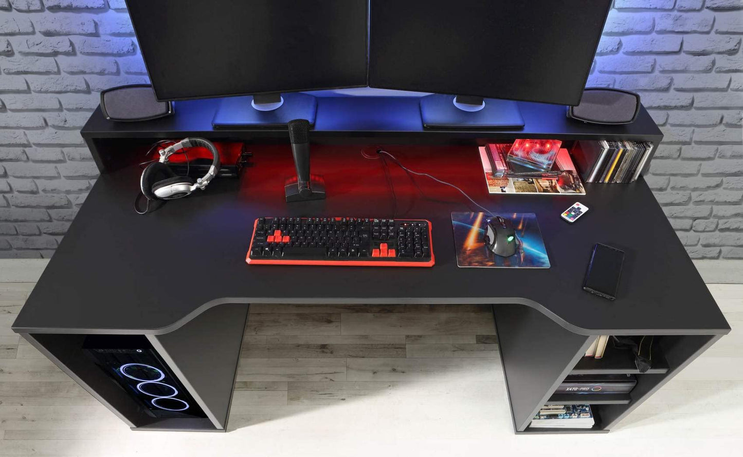 Forte TEZAUR Computer Desk Gaming Desk with LED Lighting and Shelf, Wood Material, Black, W x H x D: 200 x 91.1 x 125.4 cm