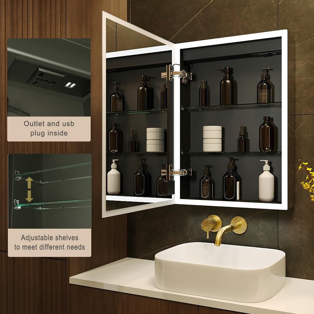 KWW LED Beleuchtetes Badezimmer Medizin Kabinett mit Spiegel, Farbtemperatur Einstellbar, Anti-Nebel Dimmbare Lichter, Steckdosen für USBs (75 x 70 cm)