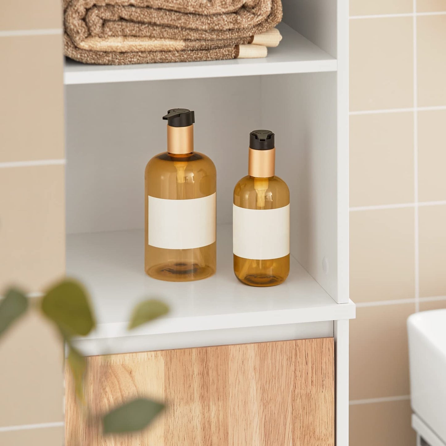 SoBuy BZR75-W Vanity Unit Bathroom Furniture - Bathroom Cabinet with Siphon Cut-Out, 2 Doors & 2 Open Compartments - Space-Saving Vanity Unit, White / Natural 60 x 60 x 29 cm