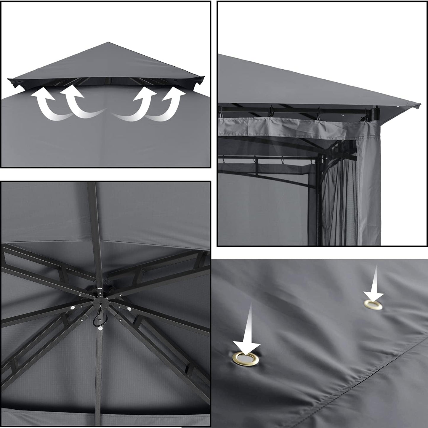ABCCANOPY Pavillon 2.5x2.5m Wasserdicht Stabil Winterfest Gartenpavillon，Doppeldachweichdach Hinterhof-Partyzelt mit Netz für Schatten und Regen,Grau
