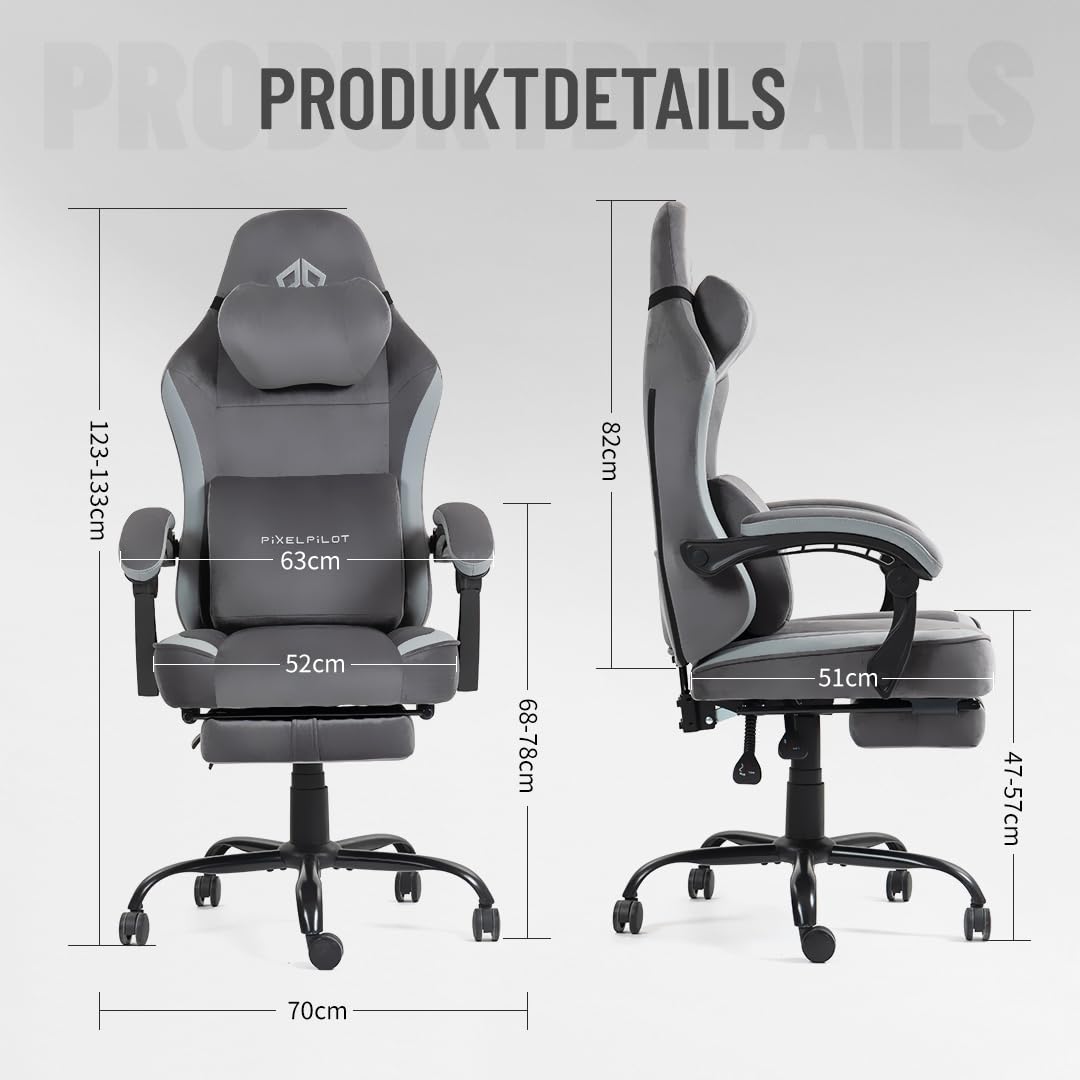 PixelPilot Ergonomic Gaming Chair [Breathable Fabric] Gaming Chair with Footrest, Head and Lumbar Support, Gamer PC Chair Wide Seat, Office Chair 150 kg Load Capacity (Nebula I, Grey)