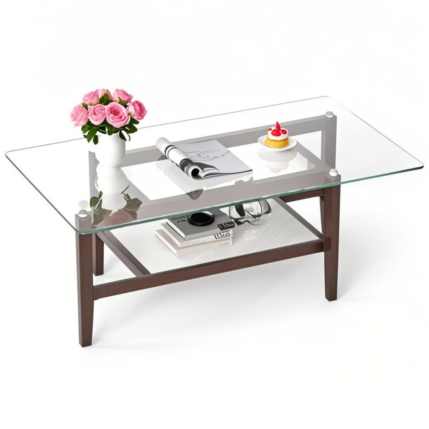 LIFEZEAL Glass Coffee Table, Stylish Living Room Table, Solid Wood with 2 Levels, Modern Sofa Table for Living Room, Bedroom, 107 x 60 x 42 cm