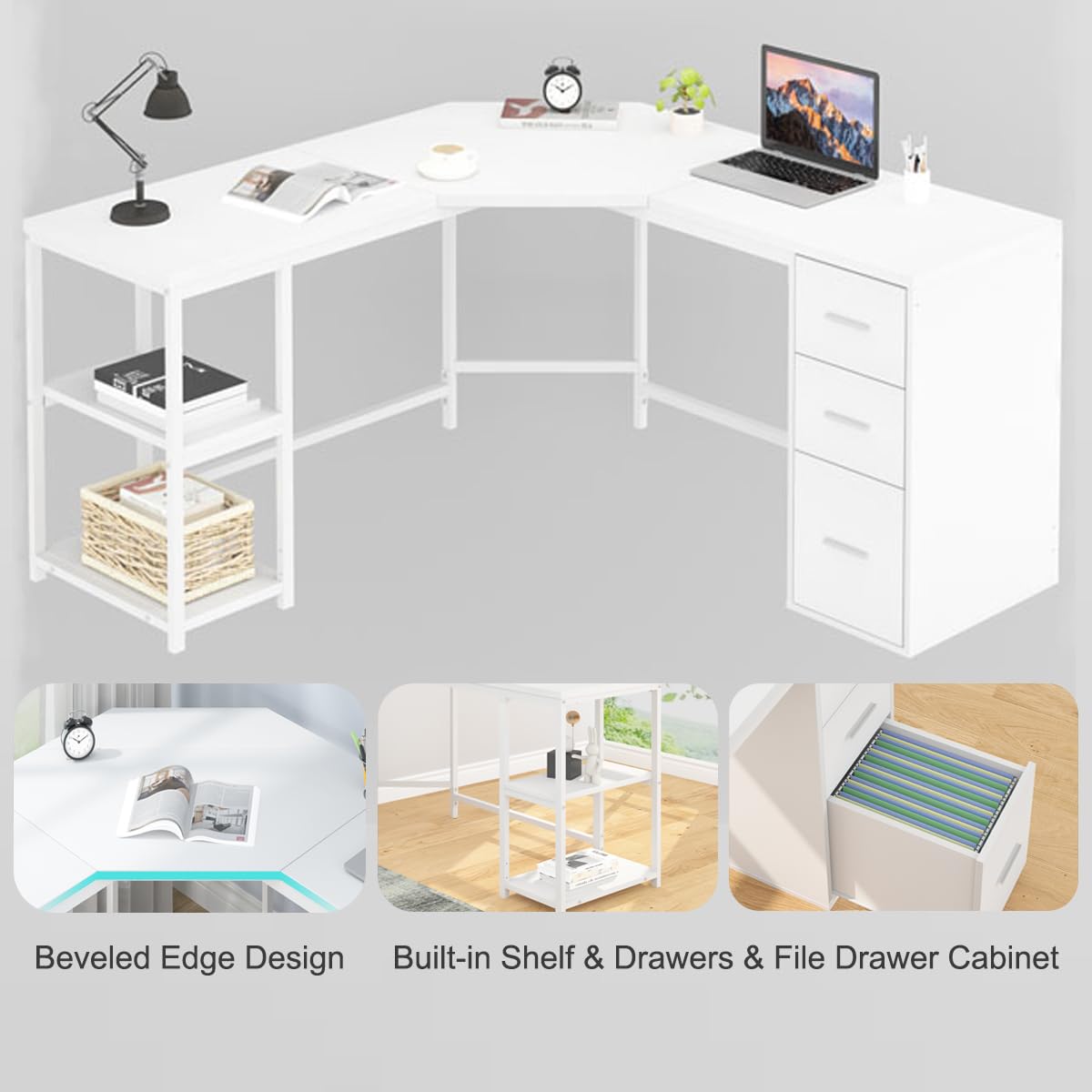LVB White L Shaped Corner Desk with Drawers, Reversible Modern L Shaped Computer Desk with Storage Cabinets, Large L Shaped Wooden L Shaped Desk Metal L Shape