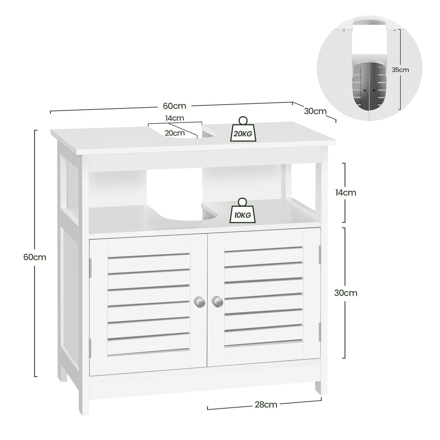EUGAD Bamboo Vanity Unit with Slat Doors, Adjustable Shelf, 60 x 60 x 30 cm