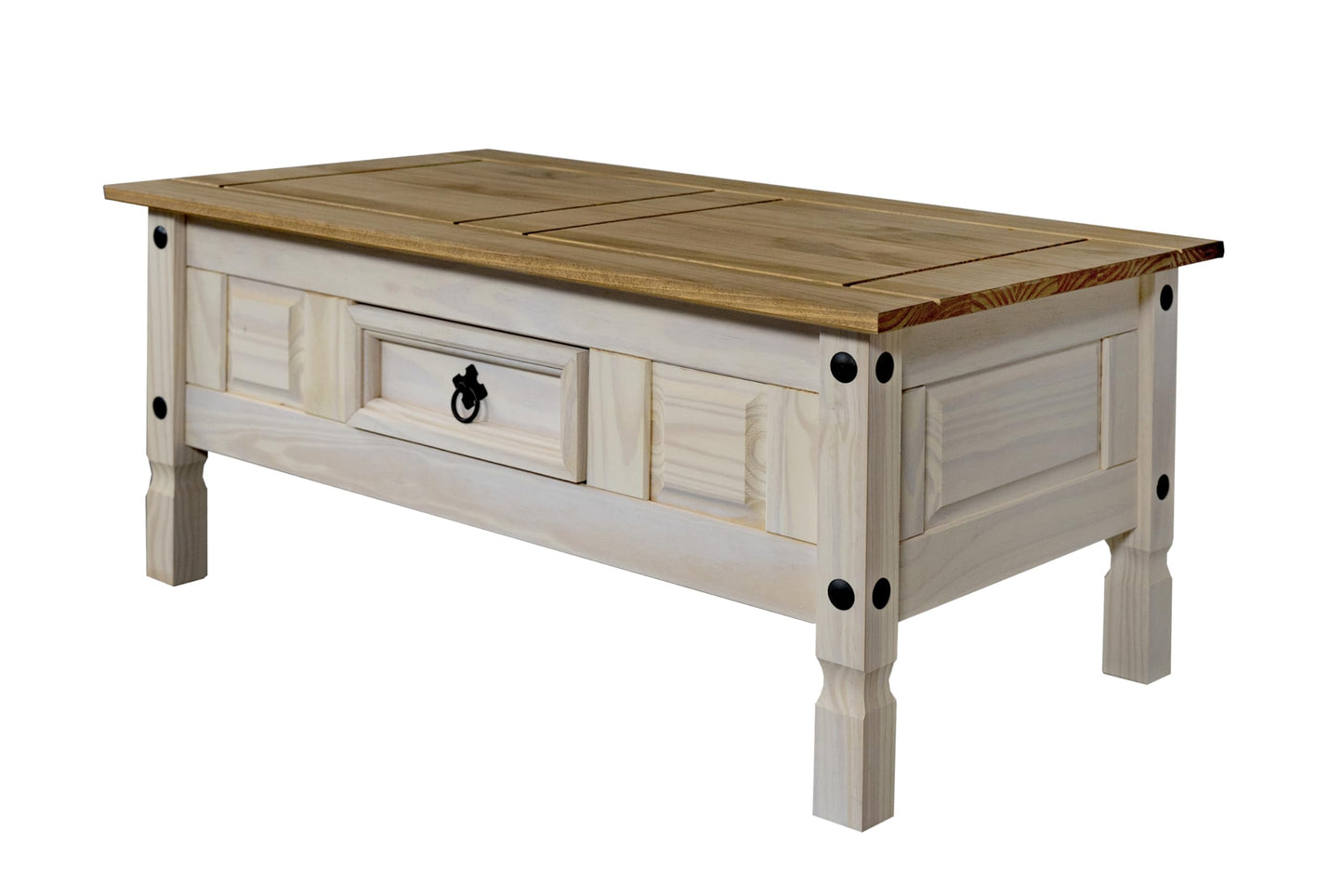 SAM Cancun Coffee Table Solid Pine Wood Side Table with Drawer White Varnished Honey Top Plate Black Metal Handle Mexico Furniture