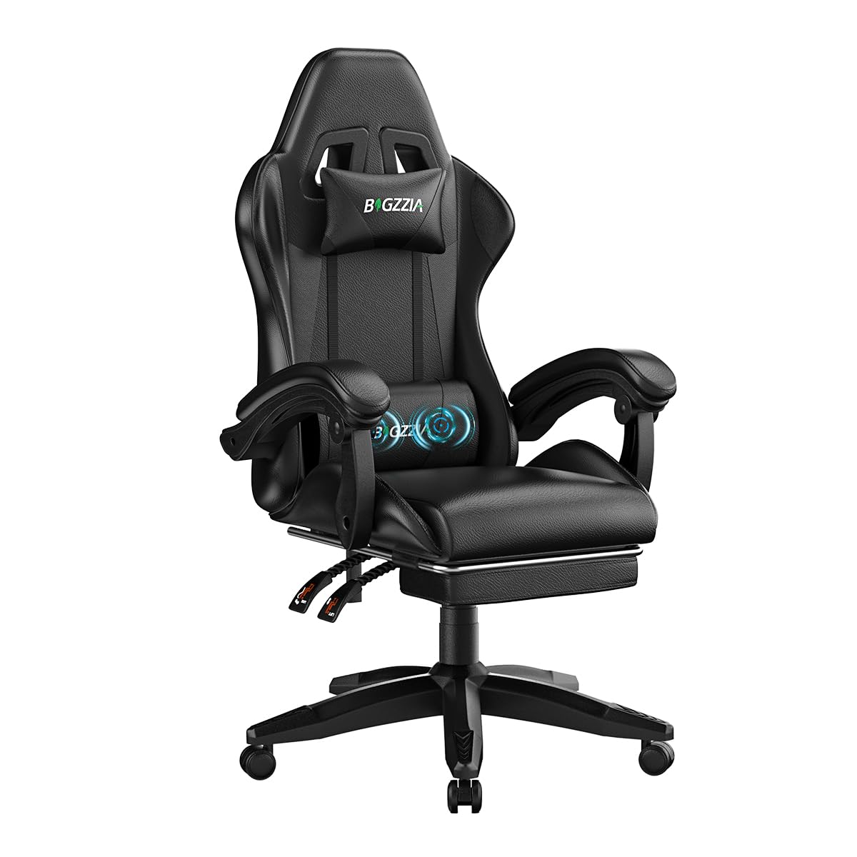 bigzzia Gaming Stuhl mit Massagefunktion und Fußstütze, Ergonomischer Gaming Chair Verstellbare Rückenlehne 90-135°, Gaming Sessel mit Massage-Lendenkissen und Kopfstütze, Gamer Stuhl, Schwarz