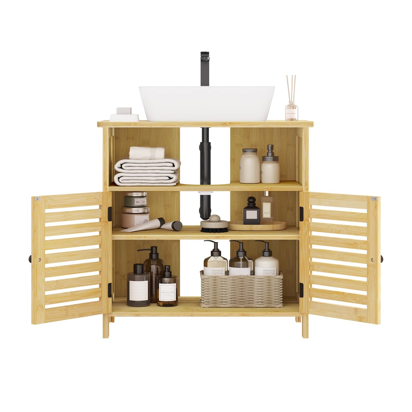EUGAD Bamboo Vanity Unit with Slat Doors, Adjustable Shelf, 60 x 60 x 30 cm