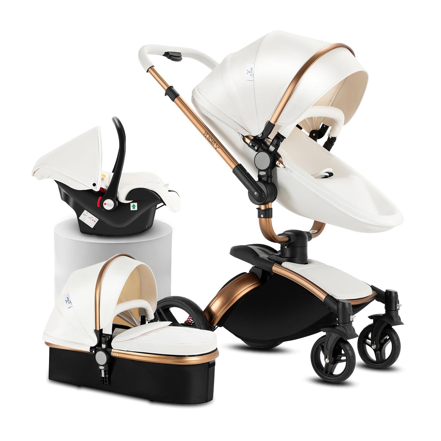 PU Leather Pushchair 3-in-1, Buggy with One-Click Folding Design, Pushchair with Two Reversible Sliding Modes, Combination Pushchair 3-in-1 Complete Set Frame Aluminium Alloy (518 Black)