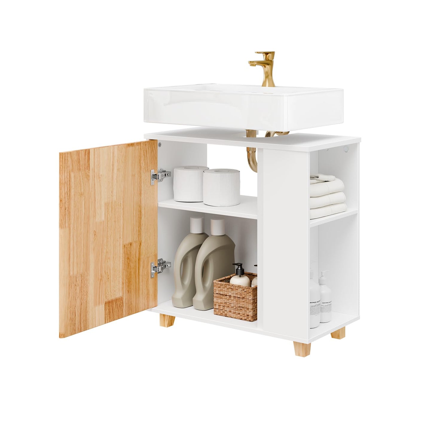 SoBuy BZR75-W Vanity Unit Bathroom Furniture - Bathroom Cabinet with Siphon Cut-Out, 2 Doors & 2 Open Compartments - Space-Saving Vanity Unit, White / Natural 60 x 60 x 29 cm